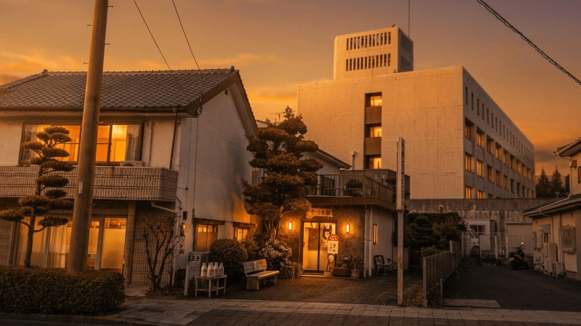 松浦市の旅館ちづる荘の夕方の外観。暖かい明かりが灯る入口で、初めてでも安心して泊まれる雰囲気の宿。
