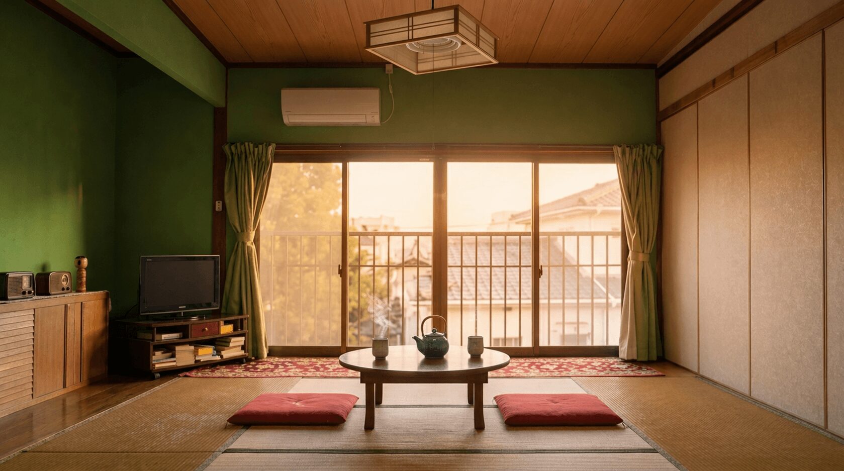 旅館ちづる荘の和室。夕方のやわらかな光が差し込む畳のお部屋で、落ち着いて過ごせる空間。